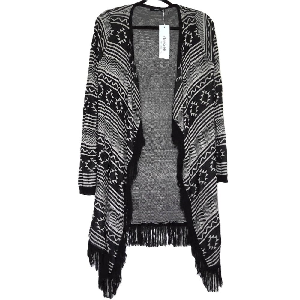 NEW GeeGee Sweater Cardigan Aztec Boho Long Open Front Fringe Hem NWT  Sz  S / M